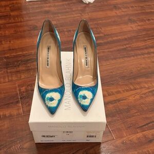 Manolo Blahnik Teal and White Floral Heels
